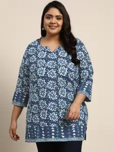 Sztori Women Plus Size Navy Blue & White Ethnic Motifs Printed Pure Cotton Kurti