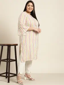 Sztori Women Off White & Red Striped Mirror Work Kurta