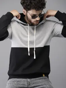 Campus Sutra Men Black Colourblocked Hooded Sweatshirt