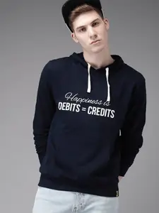 Campus Sutra Men Navy Blue Typography Printed Hooded Sweatshirt