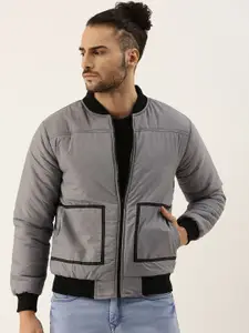 Campus Sutra Men Grey Black Windcheater Outdoor Bomber Jacket