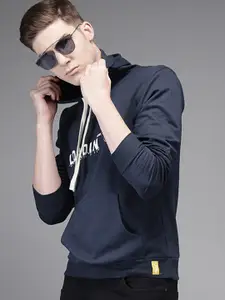 Campus Sutra Men Navy Blue Printed Hooded Sweatshirt