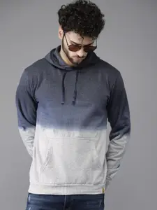 Campus Sutra Men Blue & Grey Colourblocked Hooded Sweatshirt
