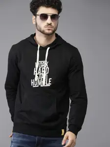 Campus Sutra Men Black Printed Hooded Cotton Sweatshirt