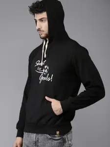 Campus Sutra Men Black Printed Hooded Cotton Sweatshirt