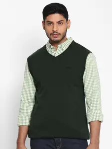 Royal Enfield Men Olive Green Woolen V-Neck Sweater Vest