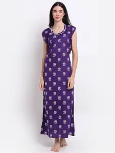Secret Wish Purple Printed Pure Cotton Maxi Nightdress