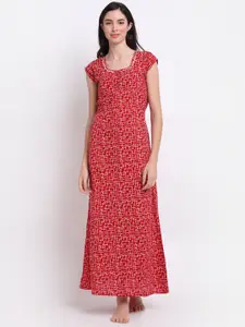Secret Wish Red Pure Cotton Printed Maxi Nightdress