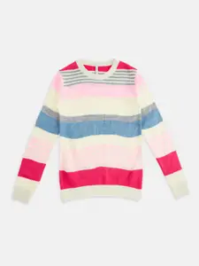 Pantaloons Junior Girls Off White & Blue Striped Pure Acrylic Pullover Sweater