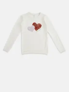 Pantaloons Junior Girls Off White Hearts Embellished Pullover Wool Sweater