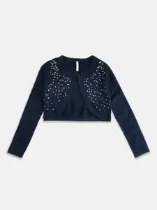 Pantaloons Junior Girls Navy Blue Acrylic Crop Front-Open Sweater with Embellished Detail