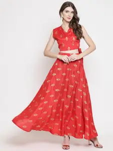 Sera Red & Gold-Coloured Printed Ready to Wear Lehenga & Blouse