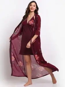 Claura Burgundy & Pink Floral Printed Nightdress With Robe