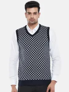 BYFORD by Pantaloons Men Navy Blue & White Printed Acrylic Sweater Vest