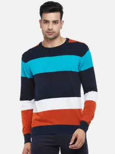BYFORD by Pantaloons Men Turquoise Blue & Orange Cotton Striped Pullover