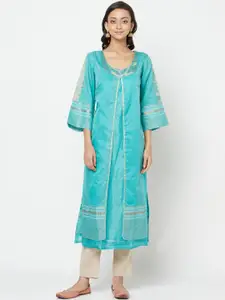 Fabindia Women Teal Ethnic Motifs Flared Sleeves Kurta