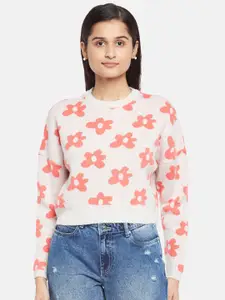 People Women Off White & Orange Floral Printed Acrylic Pullover