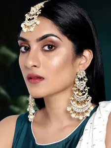Peora White Kundan Pearl Studded Ethnic Long Danglers Chandbali Earring & Maang Tika