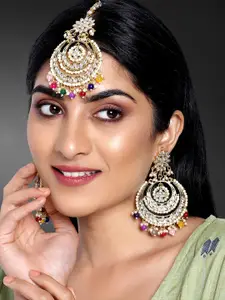 Peora Multicoloured Gold Plated Kundan & Pearl Chandbali Earrings & Maang Tika