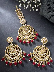 Peora Maroon Gold Plated Kundan Studded Chandbali Earrings & Maang Tika