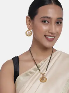 Peora Gold Plated & Black Kundan Beaded Mangalsutra  with Earrings