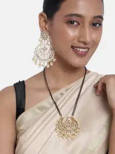 Peora Gold Plated & Black Kundan Beaded Mangalsutra  with Earrings