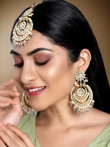 Peora Grey Gold Plated Kundan & Pearl Chandbali Earrings & Maang Tika