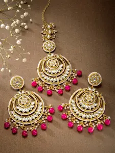 Peora Magenta Pink Gold Plated Kundan Studded Chandbali Earrings & Maang Tika