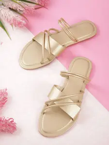 DressBerry Women Muted Gold-Toned Solid Open Toe Flats with Criss-Cross Detail