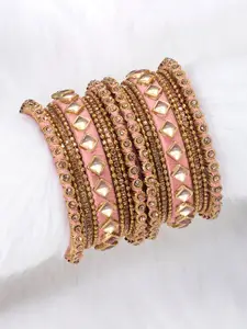 Peora Set of 18 Peach-Coloured Gold Plated Silk Thread Kundan Chuda Bangles