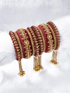 Peora Set of 10 Maroon Silk Thread Handcrafted Kundan Studded Chuda Bangles with Hangings