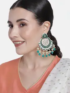 Peora Green & White Gold Plated Crescent Shaped Enamellled Chandbalis