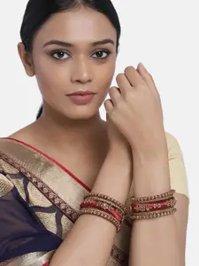 Peora Set of 10 Maroon Handcrafted Silk Thread Kundan Studded Floral Chuda Bangles