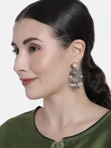 Peora Silver-Toned & White Oxidised Silver Plated Afghani Tribal Classic Drop Earrings