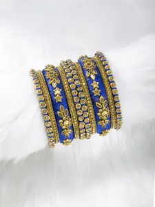 Peora Set of 10 Blue Handcrafted Silk Thread Kundan Studded Floral Chuda Bangles