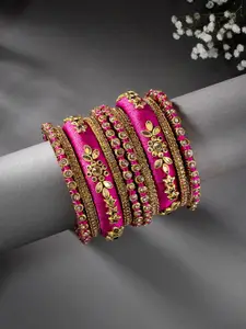 Peora Set of 10 Magenta Pink Handcrafted Silk Thread Kundan Studded Floral Chuda Bangles