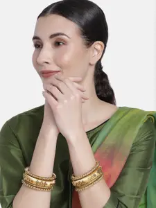 Peora Set of 10 Beige Handcrafted Silk Thread Kundan Studded Floral Chuda Bangles