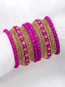 Peora Set of 18 Magenta Pink Gold Plated Bridal Floral Chuda Bangles