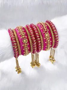 Peora Set of 10 Magenta Pink Handcrafted Silk Thread Kundan Floral Studded Chuda Bangles