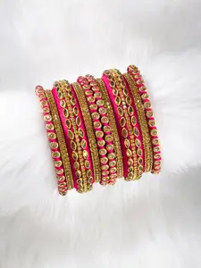 Peora Set of 10 Magenta Pink Handcrafted Silk Thread Kundan Studded Chuda Bangles