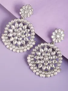 Peora Silver-Toned Silver Plated Crescent Shaped Kundan Chandbalis