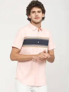 HIGHLANDER Men Coral Cotton Slim Fit Horizontal Stripes Opaque Striped Casual Shirt