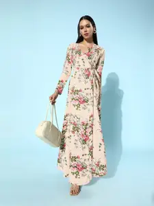 Berrylush Beige Floral Print Wrap Style Maxi Dress