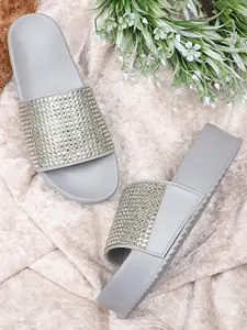 Shoetopia Grey Embellished Flatform Heels