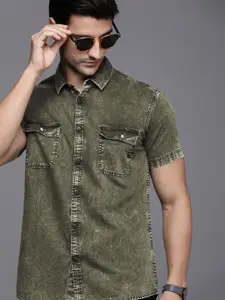 Voi Jeans Men Olive Green Slim Fit Faded Pure Cotton Casual Shirt
