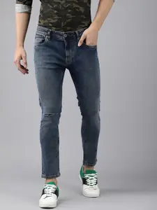 Voi Jeans Men Navy Blue Skinny Fit Slash Knee Light Fade Stretchable Jeans