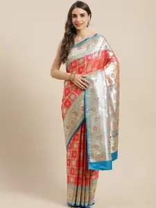 Chhabra 555 Coral & Fuchsia Woven Design Embroidered Silk Blend Kanjeevaram Saree