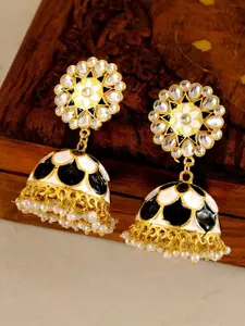 Crunchy Fashion Woman White & Black Meenakari Kundan Jhumkas Earrings