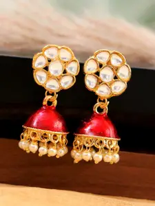 Crunchy Fashion Red & Gold-Toned Dome Shaped Jhumkas Earrings