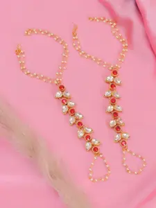 Crunchy Fashion Woman Gold-Red Tone Kundan Anklet With White Pearls